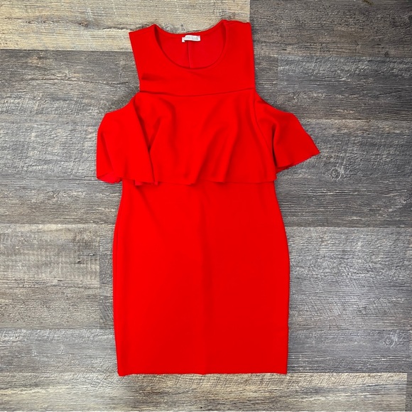 Red Cold-Shoulder Ruffle Bodycon Dress - Picture 2 of 4